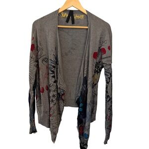 Desigual Cardigan Womens Small Gray Excellent‎ Graffiti Doodle Print Open Front